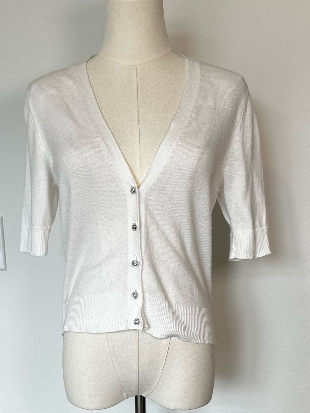 NY&Co 7th Avenue Ivory Rhinestone Button Cardigan S